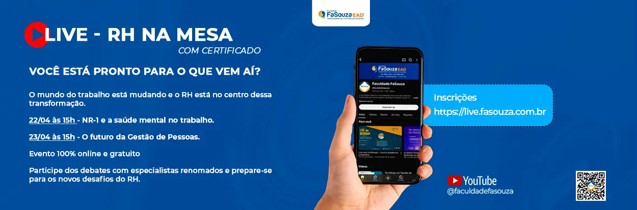 Banner Live RH na Mesa da Faculdade FaSouza sobre NR-1, saúde mental e o futuro da gestão de pessoas. Evento online e gratuito.