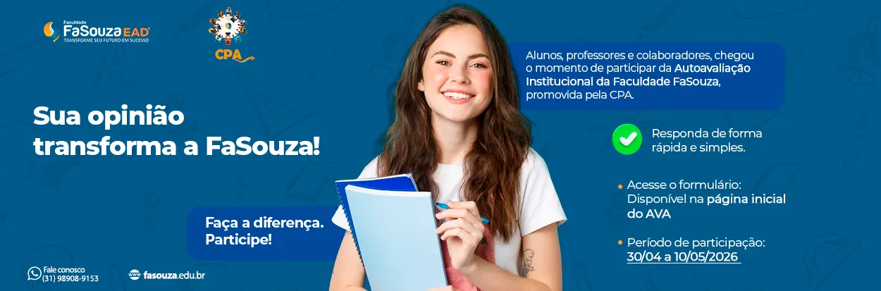 Banner da Autoavaliação Institucional FaSouza 2026. Estudante sorridente com informações sobre o formulário no AVA de 30/04 a 10/05.