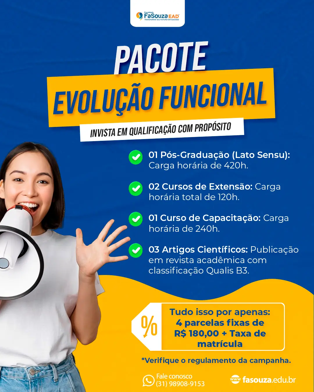 Banner do Pacote Evolução Funcional da FaSouza EAD: Pós-Graduação Lato Sensu 420h, 2 Cursos de Extensão 120h, 1 Curso de Capacitação 240h e 3 Artigos Científicos Qualis B3 — 4 parcelas fixas de R$ 180,00