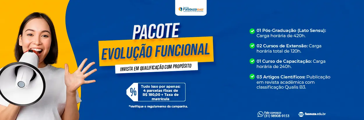 Banner do Pacote Evolução Funcional da FaSouza EAD com Pós-Graduação, Cursos de Extensão, Capacitação e Artigos Científicos em 4x R$ 180,00.